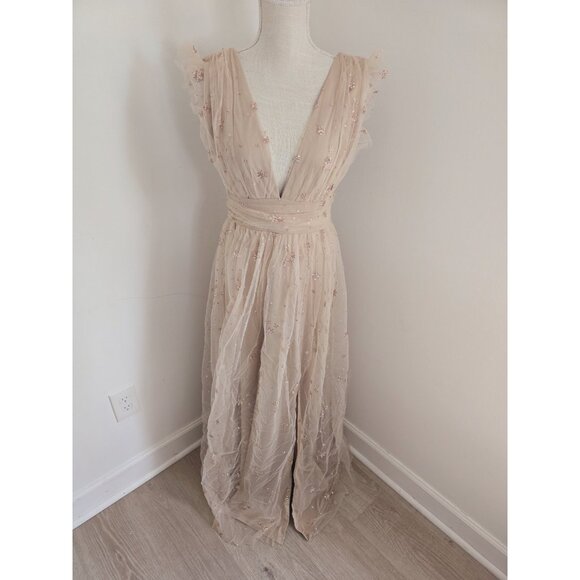 Altard State Fairy Tulle Glitter Stars Blush Pink Plunge V-Neck Maxi Dress M - Picture 2 of 11